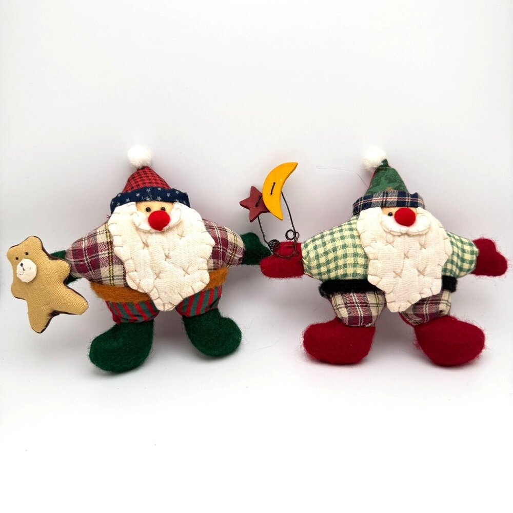 Vintage Santa Claus Plush Dolls Set Of 2 Handmade Christmas Decor Ornaments